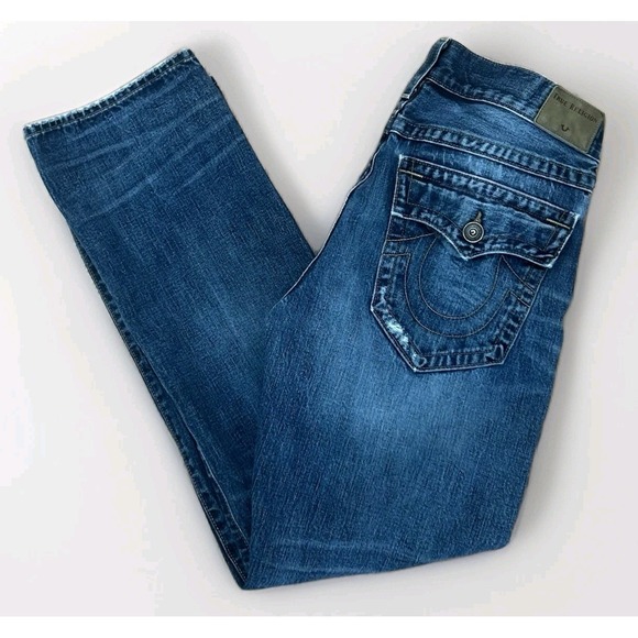 True Religion Ricky Relaxed Straight Jeans Blue Mens 34x32 Whisker Distress USA - Picture 1 of 13